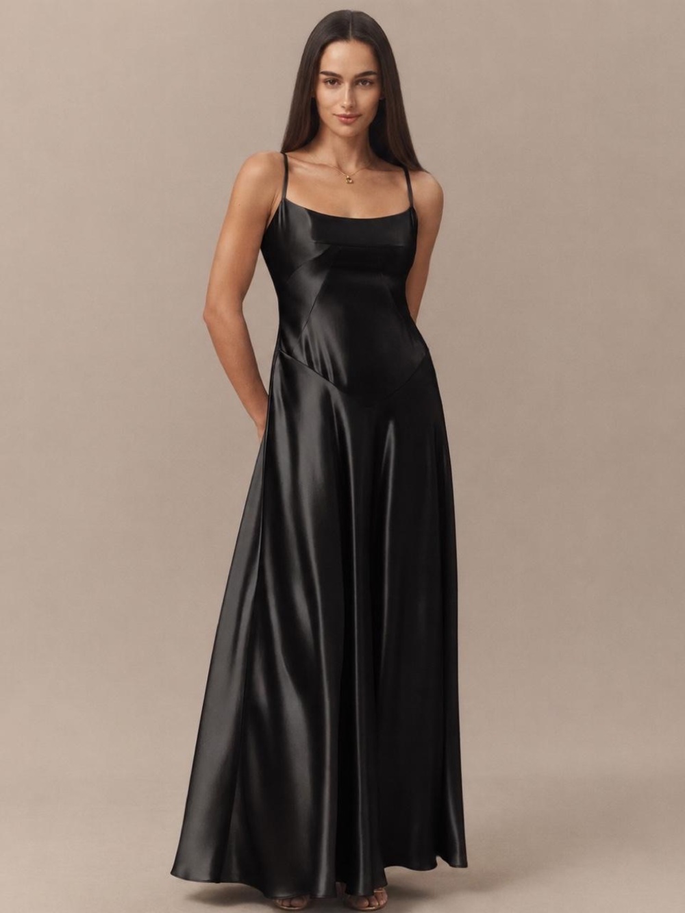 Sleek Black Satin Maxi Corset Slip Dress with Spaghetti Straps
